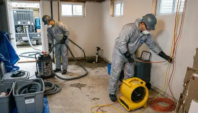 Basement flood cleanup in Lowell, MA by water damage restoration crew