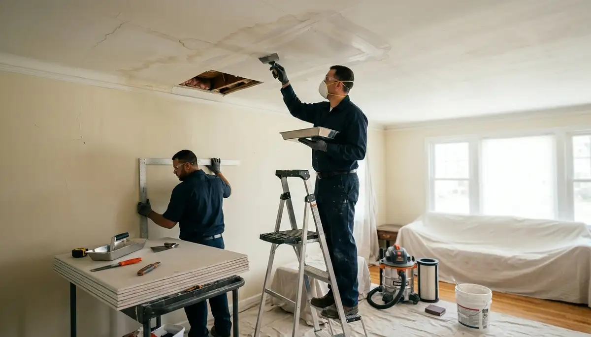 Ceiling water damage repair in Lowell, MA for a home with stains and sagging drywall
