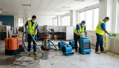 Commercial water damage restoration team in Lowell, MA removing flood water from a business property