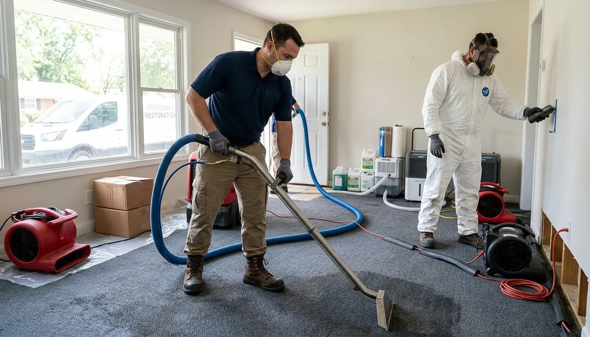 Water damage restoration team serving Lowell, MA with emergency cleanup and repair equipment