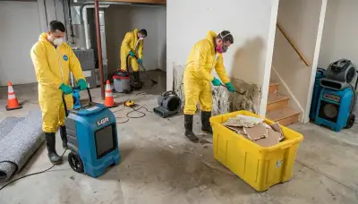 Water damage cleanup crew restoring flooded Lowell, MA home after heavy rain and basement flooding