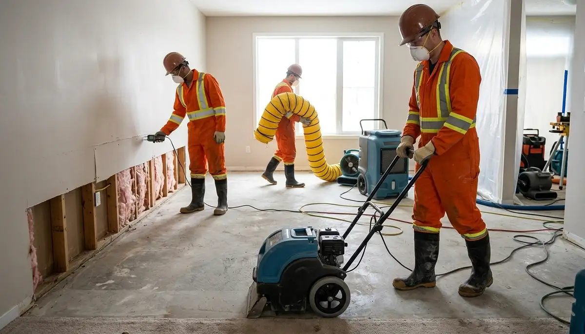 Flood damage cleanup crew restoring Lowell, MA home after heavy rain water intrusion