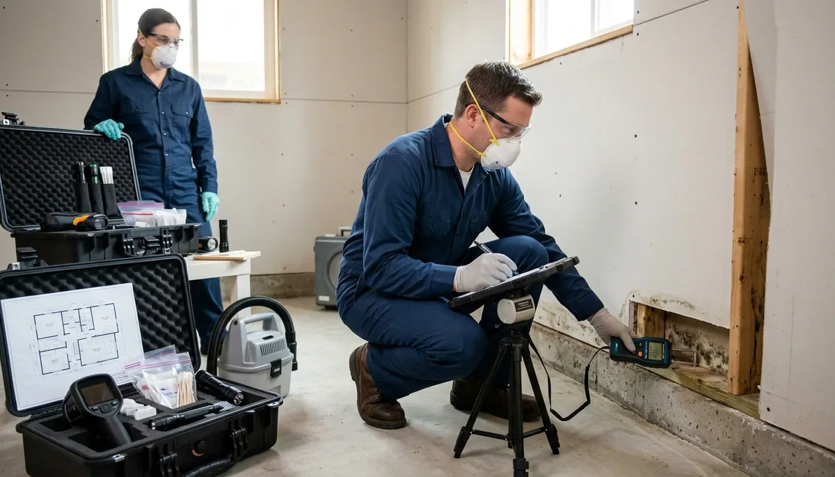 Mold inspection technician in Lowell, MA assessing moisture in a home during water damage service