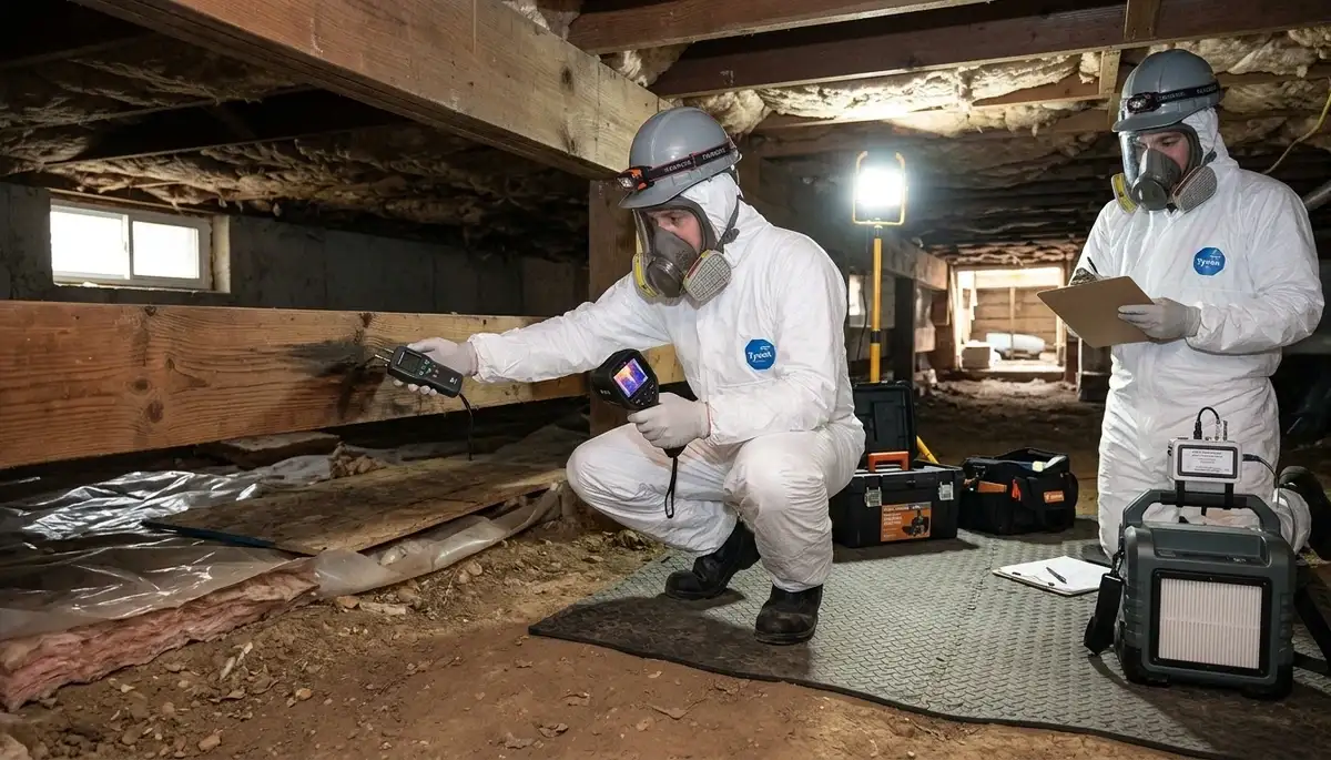 Mold inspection technician in Lowell, MA checking moisture damage in a home