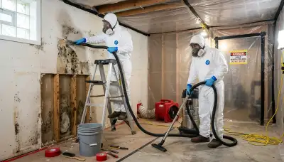 Mold removal technician inspecting moisture damage in Lowell, MA home
