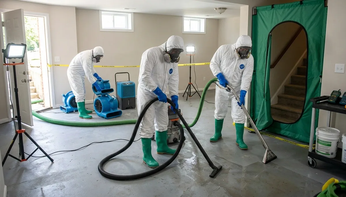 Sewage cleanup technicians sanitizing a Lowell, MA home after a sewer backup