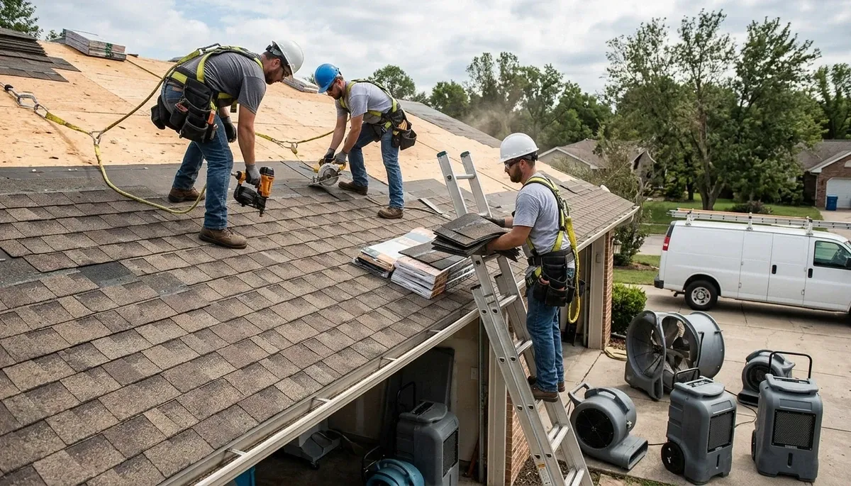 Storm damage restoration crew serving Lowell, MA homes after flooding and rain intrusion