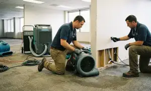 Structural drying equipment in a Lowell, MA home to dry walls, floors, and framing after water damage