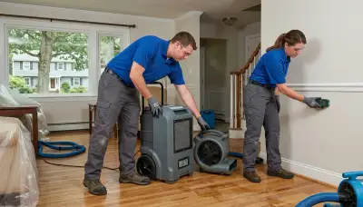 Water damage restoration team in Lowell, MA inspecting a flooded home for cleanup and repairs