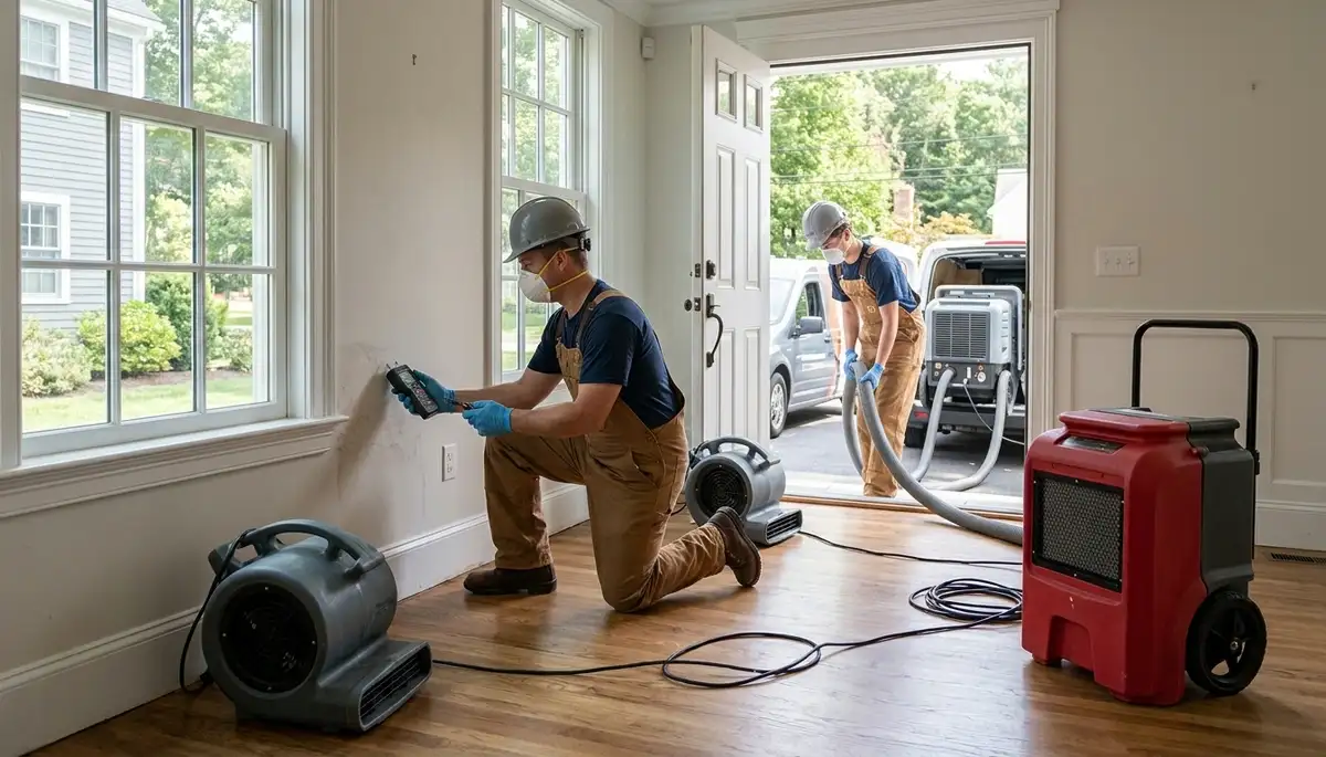 Water damage restoration crew serving Lowell, MA with professional cleanup and drying equipment