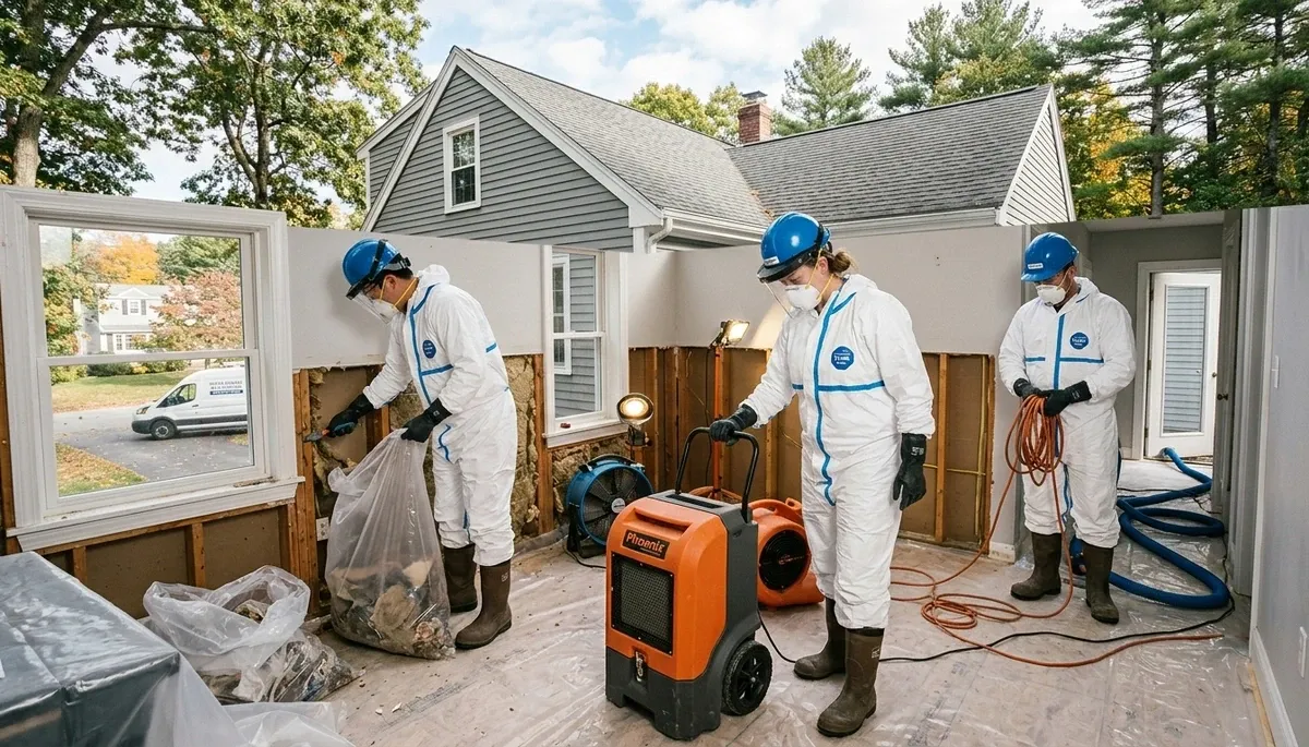 Water damage restoration team serving Lowell, MA with professional cleanup equipment