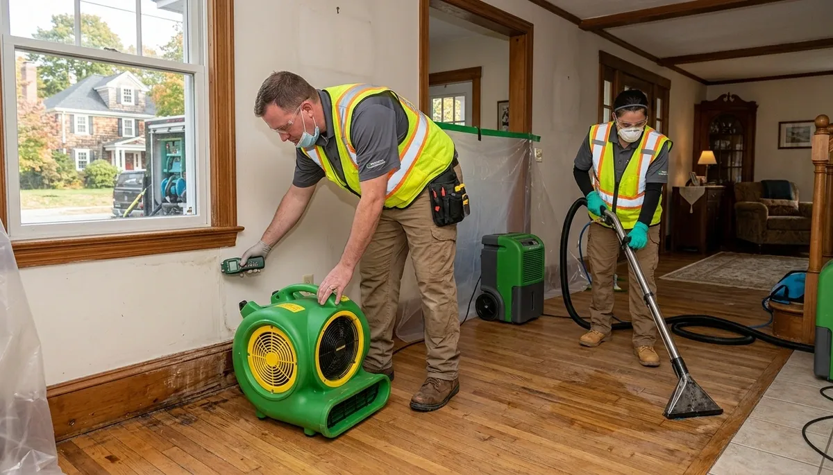 Water damage restoration team in Lowell, MA inspecting a flooded property for cleanup and repairs