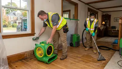 Water damage restoration team in Lowell, MA inspecting a flooded property for cleanup and repairs