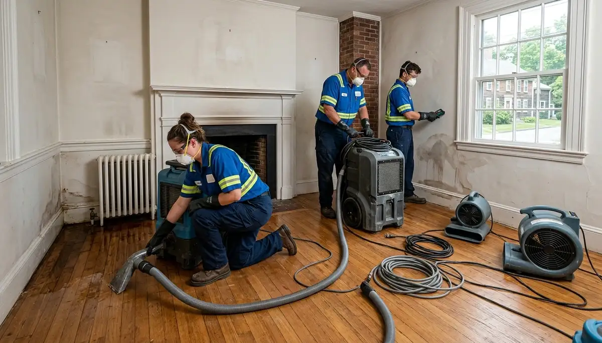 Water damage restoration team serving Lowell, MA, inspecting and drying a flooded property