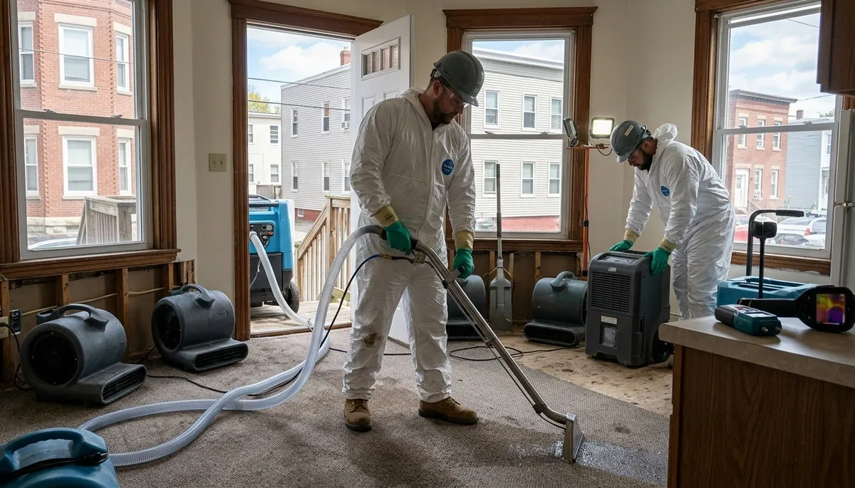Water damage restoration team in Lowell, MA providing emergency cleanup and drying services
