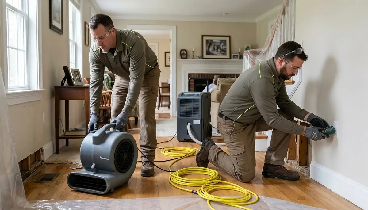 Water damage restoration team in Lowell, MA inspecting a flooded property for water extraction and cleanup
