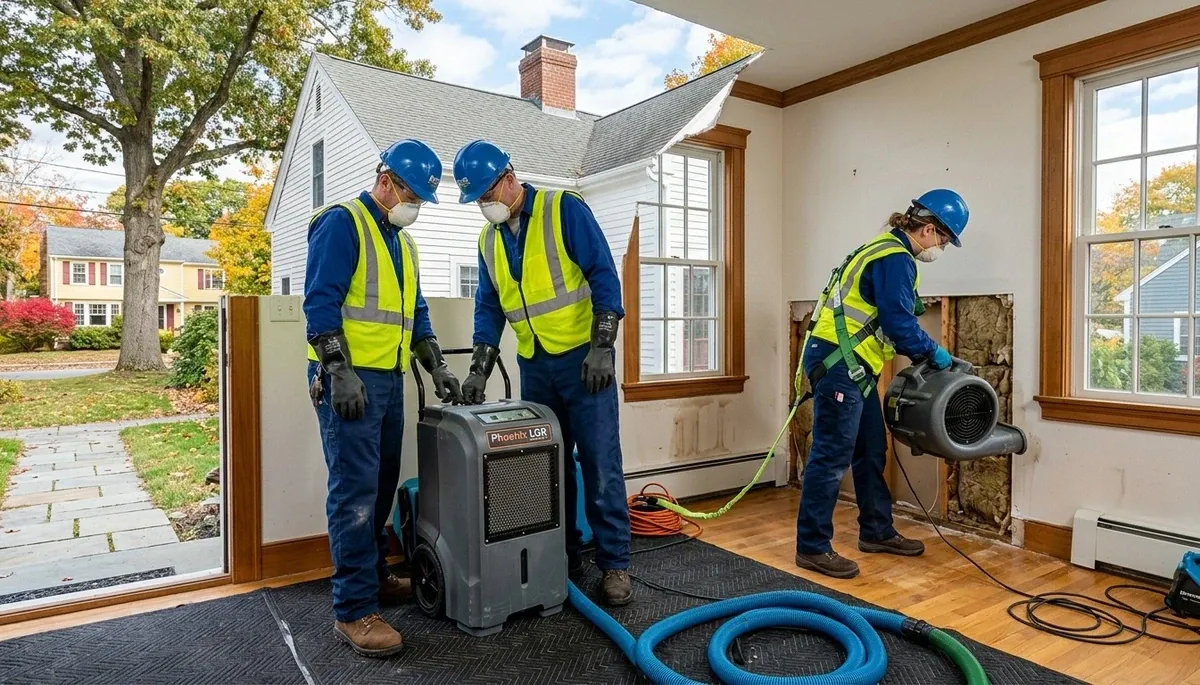 Water damage restoration team in Lowell, MA inspecting and drying a flooded property
