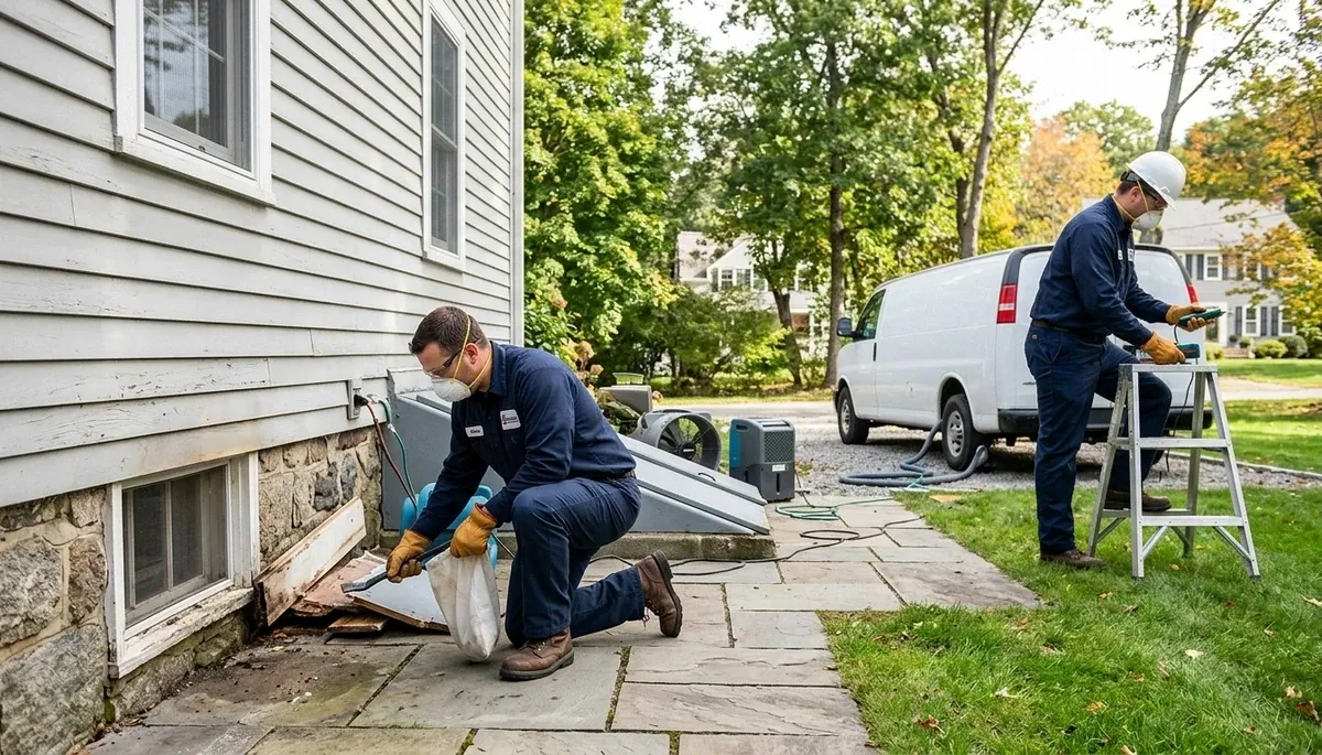 Water damage restoration team in Lowell, MA inspecting a flooded property for cleanup and repair