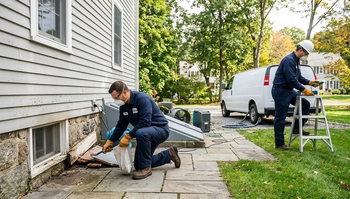 Water damage restoration team in Lowell, MA inspecting a flooded property for cleanup and repair